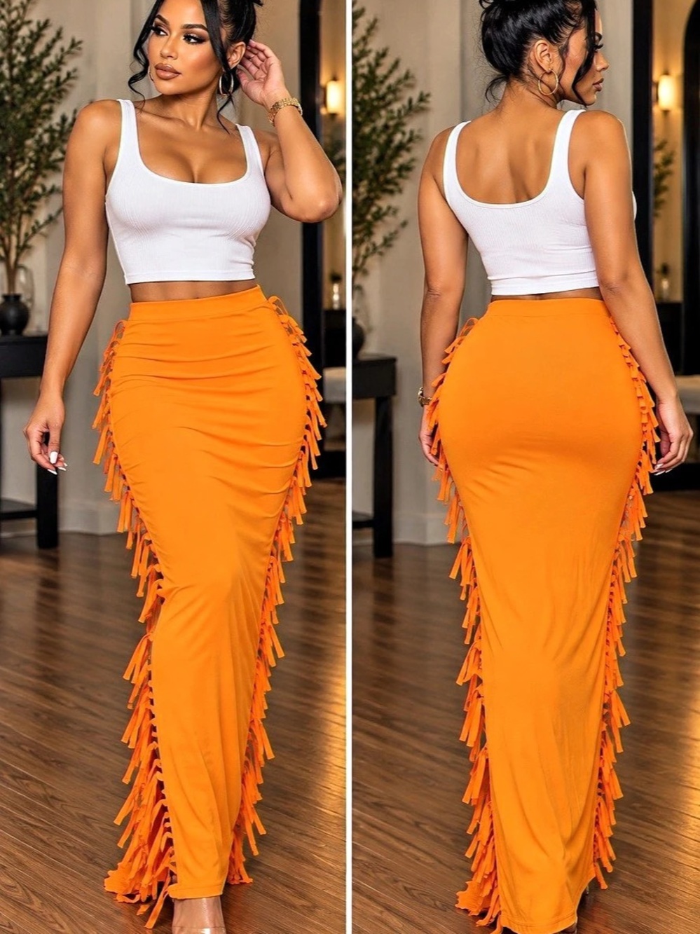 Fashion Nova Call Me Again Fringe Skirt Set Orange